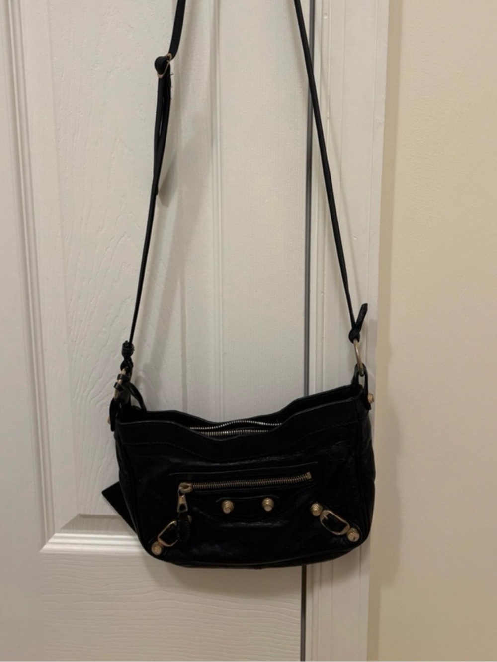 Balenciaga Black Leather Crossbody Bag with Gold Hardware